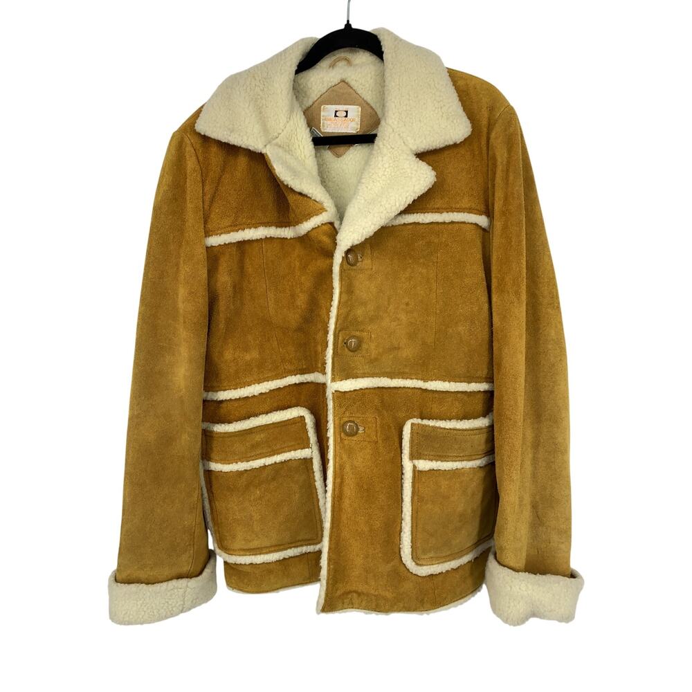 VTG Ambassador Jacket Mens Medium Tan Suede Look Shearling Lined Patch Pockets